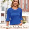 imageBlingfit 34 Length Sleeve Womens Tops Dressy Casual Shirts Ruffle Bell Sleeve Front Pleated Fasion Trendy Summer BlousesAblue