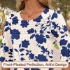 imageBlingfit 34 Length Sleeve Womens Tops Dressy Casual Shirts Ruffle Bell Sleeve Front Pleated Fasion Trendy Summer BlousesBbig Blue Flower