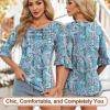imageBlingfit 34 Length Sleeve Womens Tops Dressy Casual Shirts Ruffle Bell Sleeve Front Pleated Fasion Trendy Summer BlousesBblue Cashew Flower
