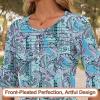 imageBlingfit 34 Length Sleeve Womens Tops Dressy Casual Shirts Ruffle Bell Sleeve Front Pleated Fasion Trendy Summer BlousesBblue Cashew Flower