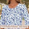 imageBlingfit 34 Length Sleeve Womens Tops Dressy Casual Shirts Ruffle Bell Sleeve Front Pleated Fasion Trendy Summer BlousesBblue Flowers on White Background