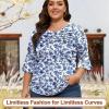 imageBlingfit 34 Length Sleeve Womens Tops Dressy Casual Shirts Ruffle Bell Sleeve Front Pleated Fasion Trendy Summer BlousesBblue Flowers on White Background