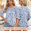 imageBlingfit 34 Length Sleeve Womens Tops Dressy Casual Shirts Ruffle Bell Sleeve Front Pleated Fasion Trendy Summer BlousesBblue Flowers on White Background