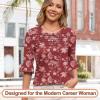 imageBlingfit 34 Length Sleeve Womens Tops Dressy Casual Shirts Ruffle Bell Sleeve Front Pleated Fasion Trendy Summer BlousesBburgundy Print