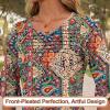 imageBlingfit 34 Length Sleeve Womens Tops Dressy Casual Shirts Ruffle Bell Sleeve Front Pleated Fasion Trendy Summer BlousesBcolorful Printing