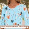 imageBlingfit 34 Length Sleeve Womens Tops Dressy Casual Shirts Ruffle Bell Sleeve Front Pleated Fasion Trendy Summer BlousesBlake Green and Red Flowers