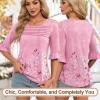 imageBlingfit 34 Length Sleeve Womens Tops Dressy Casual Shirts Ruffle Bell Sleeve Front Pleated Fasion Trendy Summer BlousesBpink Background Printing
