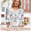 imageBlingfit 34 Length Sleeve Womens Tops Dressy Casual Shirts Ruffle Bell Sleeve Front Pleated Fasion Trendy Summer BlousesBpink Flowers and Blue Leaves