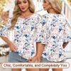 imageBlingfit 34 Length Sleeve Womens Tops Dressy Casual Shirts Ruffle Bell Sleeve Front Pleated Fasion Trendy Summer BlousesBpink Flowers and Blue Leaves