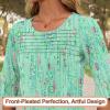 imageBlingfit 34 Length Sleeve Womens Tops Dressy Casual Shirts Ruffle Bell Sleeve Front Pleated Fasion Trendy Summer BlousesBpink Flowers on Green Background