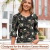 imageBlingfit 34 Length Sleeve Womens Tops Dressy Casual Shirts Ruffle Bell Sleeve Front Pleated Fasion Trendy Summer BlousesBred Flowers on Black Background