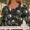 imageBlingfit 34 Length Sleeve Womens Tops Dressy Casual Shirts Ruffle Bell Sleeve Front Pleated Fasion Trendy Summer BlousesBred Flowers on Black Background