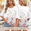 imageBlingfit 34 Length Sleeve Womens Tops Dressy Casual Shirts Ruffle Bell Sleeve Front Pleated Fasion Trendy Summer BlousesBred Flowers on White Background