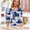 imageBlingfit 34 Length Sleeve Womens Tops Dressy Casual Shirts Ruffle Bell Sleeve Front Pleated Fasion Trendy Summer BlousesNavy Blue Strip