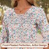 imageBlingfit 34 Length Sleeve Womens Tops Dressy Casual Shirts Ruffle Bell Sleeve Front Pleated Fasion Trendy Summer BlousesPink Blue Flower
