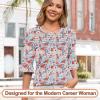 imageBlingfit 34 Length Sleeve Womens Tops Dressy Casual Shirts Ruffle Bell Sleeve Front Pleated Fasion Trendy Summer BlousesRed Flowers and Blue Leaves