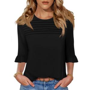 imageBlingfit 34 Length Sleeve Womens Tops Dressy Casual Shirts Ruffle Bell Sleeve Front Pleated Fasion Trendy Summer BlousesAblack