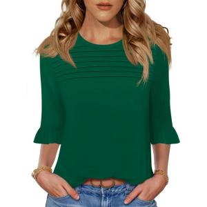 imageBlingfit 34 Length Sleeve Womens Tops Dressy Casual Shirts Ruffle Bell Sleeve Front Pleated Fasion Trendy Summer BlousesAdark Green