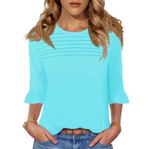 imageBlingfit 34 Length Sleeve Womens Tops Dressy Casual Shirts Ruffle Bell Sleeve Front Pleated Fasion Trendy Summer BlousesAlake Green