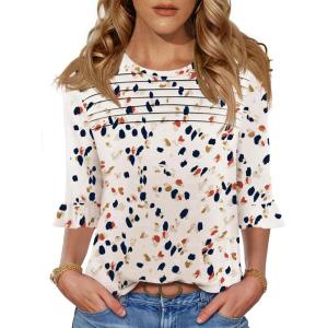 imageBlingfit 34 Length Sleeve Womens Tops Dressy Casual Shirts Ruffle Bell Sleeve Front Pleated Fasion Trendy Summer BlousesBapricot Leopard Print