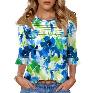 imageBlingfit 34 Length Sleeve Womens Tops Dressy Casual Shirts Ruffle Bell Sleeve Front Pleated Fasion Trendy Summer BlousesBbfgl