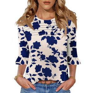 imageBlingfit 34 Length Sleeve Womens Tops Dressy Casual Shirts Ruffle Bell Sleeve Front Pleated Fasion Trendy Summer BlousesBbig Blue Flower