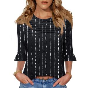 imageBlingfit 34 Length Sleeve Womens Tops Dressy Casual Shirts Ruffle Bell Sleeve Front Pleated Fasion Trendy Summer BlousesBblack Background With White Stripes