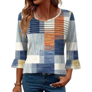 imageBlingfit 34 Length Sleeve Womens Tops Dressy Casual Shirts Ruffle Bell Sleeve Front Pleated Fasion Trendy Summer BlousesBblanket Stitching