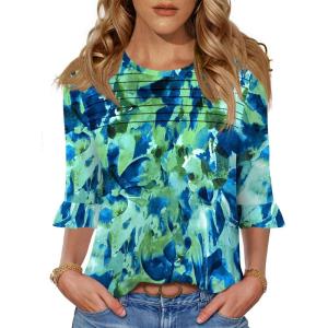 imageBlingfit 34 Length Sleeve Womens Tops Dressy Casual Shirts Ruffle Bell Sleeve Front Pleated Fasion Trendy Summer BlousesBblgt