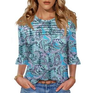 imageBlingfit 34 Length Sleeve Womens Tops Dressy Casual Shirts Ruffle Bell Sleeve Front Pleated Fasion Trendy Summer BlousesBblue Cashew Flower