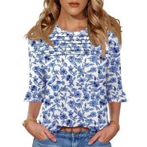 imageBlingfit 34 Length Sleeve Womens Tops Dressy Casual Shirts Ruffle Bell Sleeve Front Pleated Fasion Trendy Summer BlousesBblue Flowers on White Background