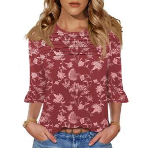 imageBlingfit 34 Length Sleeve Womens Tops Dressy Casual Shirts Ruffle Bell Sleeve Front Pleated Fasion Trendy Summer BlousesBburgundy Print