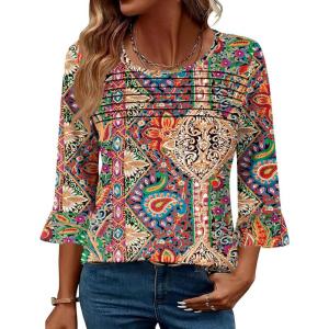 imageBlingfit 34 Length Sleeve Womens Tops Dressy Casual Shirts Ruffle Bell Sleeve Front Pleated Fasion Trendy Summer BlousesBcolorful Printing