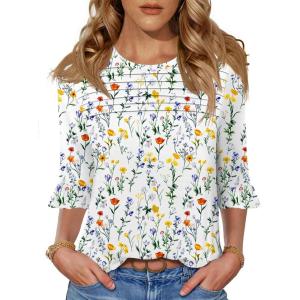 imageBlingfit 34 Length Sleeve Womens Tops Dressy Casual Shirts Ruffle Bell Sleeve Front Pleated Fasion Trendy Summer BlousesBcolorful Yellow Flowers