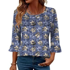 imageBlingfit 34 Length Sleeve Womens Tops Dressy Casual Shirts Ruffle Bell Sleeve Front Pleated Fasion Trendy Summer BlousesBgbl