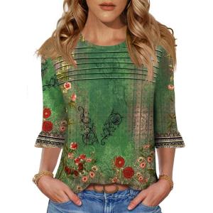 imageBlingfit 34 Length Sleeve Womens Tops Dressy Casual Shirts Ruffle Bell Sleeve Front Pleated Fasion Trendy Summer BlousesBglf
