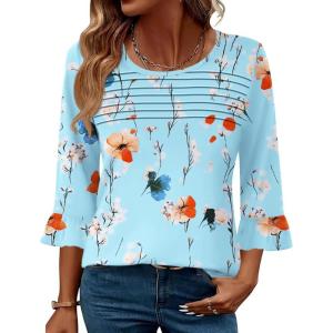 imageBlingfit 34 Length Sleeve Womens Tops Dressy Casual Shirts Ruffle Bell Sleeve Front Pleated Fasion Trendy Summer BlousesBlake Green and Red Flowers