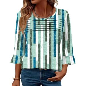 imageBlingfit 34 Length Sleeve Womens Tops Dressy Casual Shirts Ruffle Bell Sleeve Front Pleated Fasion Trendy Summer BlousesBline Stitching
