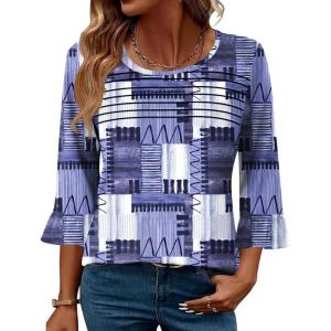 imageBlingfit 34 Length Sleeve Womens Tops Dressy Casual Shirts Ruffle Bell Sleeve Front Pleated Fasion Trendy Summer BlousesBlue Cl