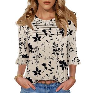 imageBlingfit 34 Length Sleeve Womens Tops Dressy Casual Shirts Ruffle Bell Sleeve Front Pleated Fasion Trendy Summer BlousesBmaple Leaf Black Flower