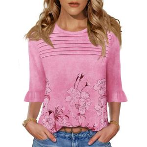 imageBlingfit 34 Length Sleeve Womens Tops Dressy Casual Shirts Ruffle Bell Sleeve Front Pleated Fasion Trendy Summer BlousesBpink Background Printing