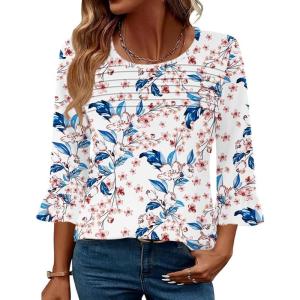 imageBlingfit 34 Length Sleeve Womens Tops Dressy Casual Shirts Ruffle Bell Sleeve Front Pleated Fasion Trendy Summer BlousesBpink Flowers and Blue Leaves