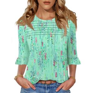 imageBlingfit 34 Length Sleeve Womens Tops Dressy Casual Shirts Ruffle Bell Sleeve Front Pleated Fasion Trendy Summer BlousesBpink Flowers on Green Background