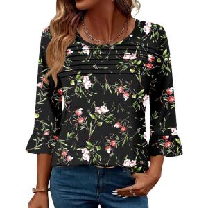 imageBlingfit 34 Length Sleeve Womens Tops Dressy Casual Shirts Ruffle Bell Sleeve Front Pleated Fasion Trendy Summer BlousesBred Flowers on Black Background
