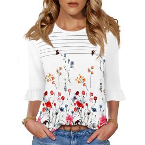 imageBlingfit 34 Length Sleeve Womens Tops Dressy Casual Shirts Ruffle Bell Sleeve Front Pleated Fasion Trendy Summer BlousesBred Flowers on White Background