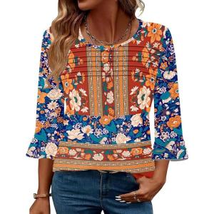 imageBlingfit 34 Length Sleeve Womens Tops Dressy Casual Shirts Ruffle Bell Sleeve Front Pleated Fasion Trendy Summer BlousesBrof