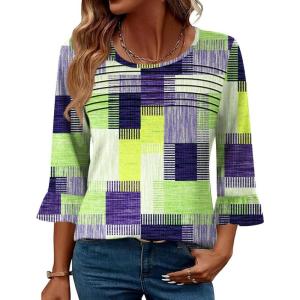 imageBlingfit 34 Length Sleeve Womens Tops Dressy Casual Shirts Ruffle Bell Sleeve Front Pleated Fasion Trendy Summer BlousesGreen Bk