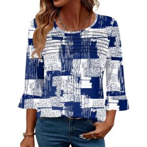 imageBlingfit 34 Length Sleeve Womens Tops Dressy Casual Shirts Ruffle Bell Sleeve Front Pleated Fasion Trendy Summer BlousesNavy Blue Strip