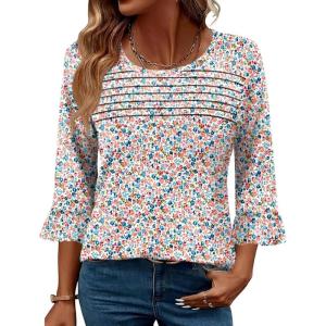 imageBlingfit 34 Length Sleeve Womens Tops Dressy Casual Shirts Ruffle Bell Sleeve Front Pleated Fasion Trendy Summer BlousesPink Blue Flower