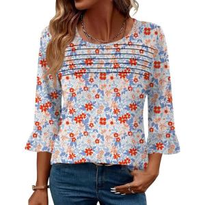 imageBlingfit 34 Length Sleeve Womens Tops Dressy Casual Shirts Ruffle Bell Sleeve Front Pleated Fasion Trendy Summer BlousesRed Flowers and Blue Leaves